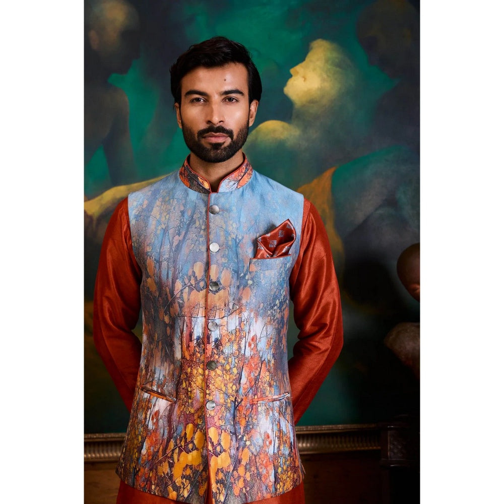 HISTORI Cotton Men Maroon Abstract Nehru Jacket and Kurta with Pant