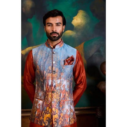 HISTORI Cotton Men Maroon Abstract Nehru Jacket and Kurta with Pant