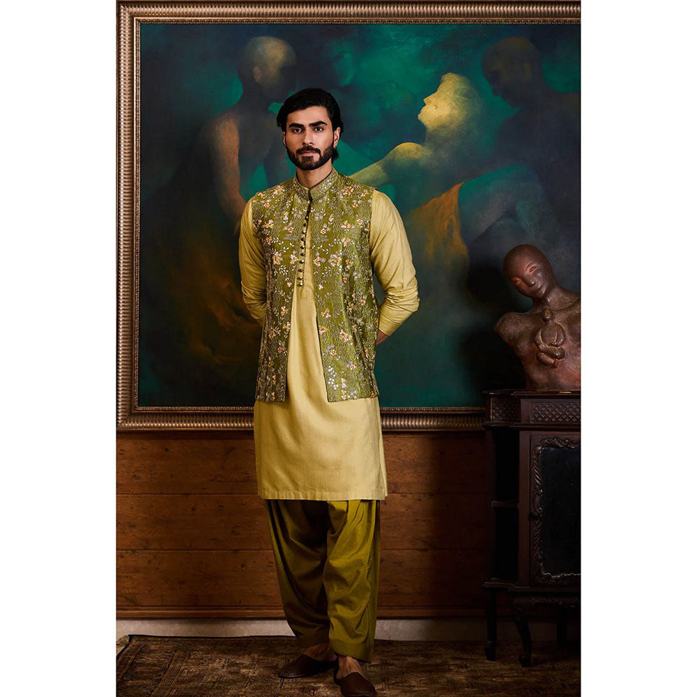HISTORI Olive Kurta with Jacket and Salwar