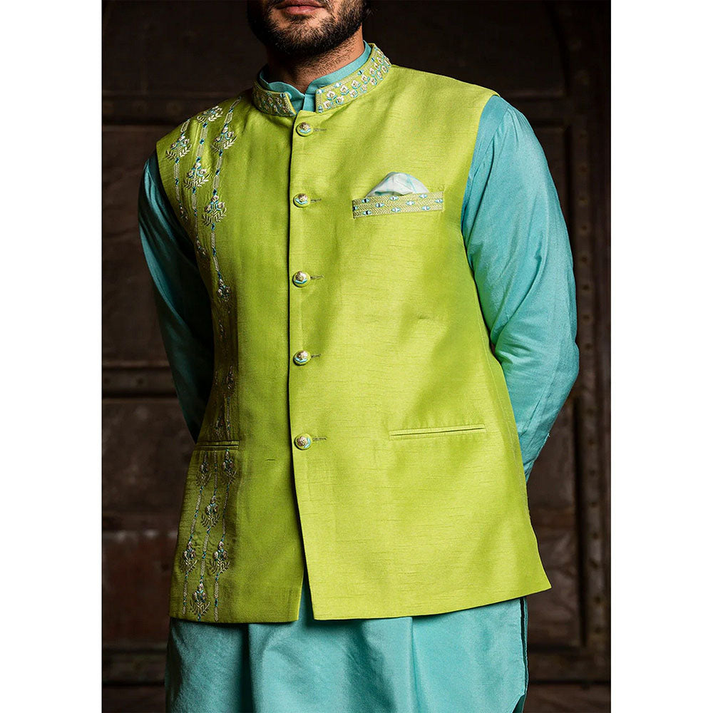 HISTORI Turq Lime Raw Silk Blue Kurta with Jacket and Pant