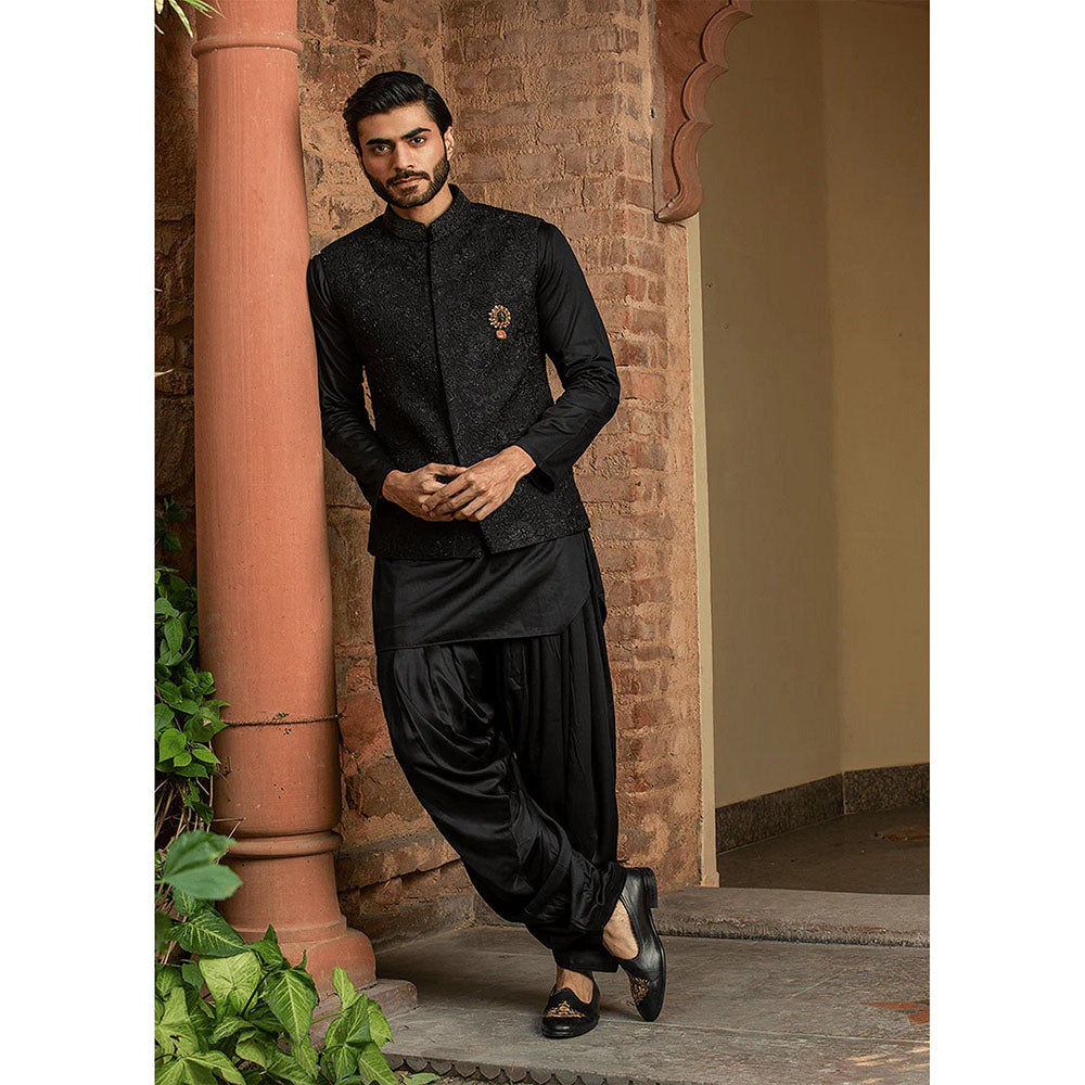 HISTORI Black Raw Silk All Over Embroidered Kurta with Jacket and Salwar