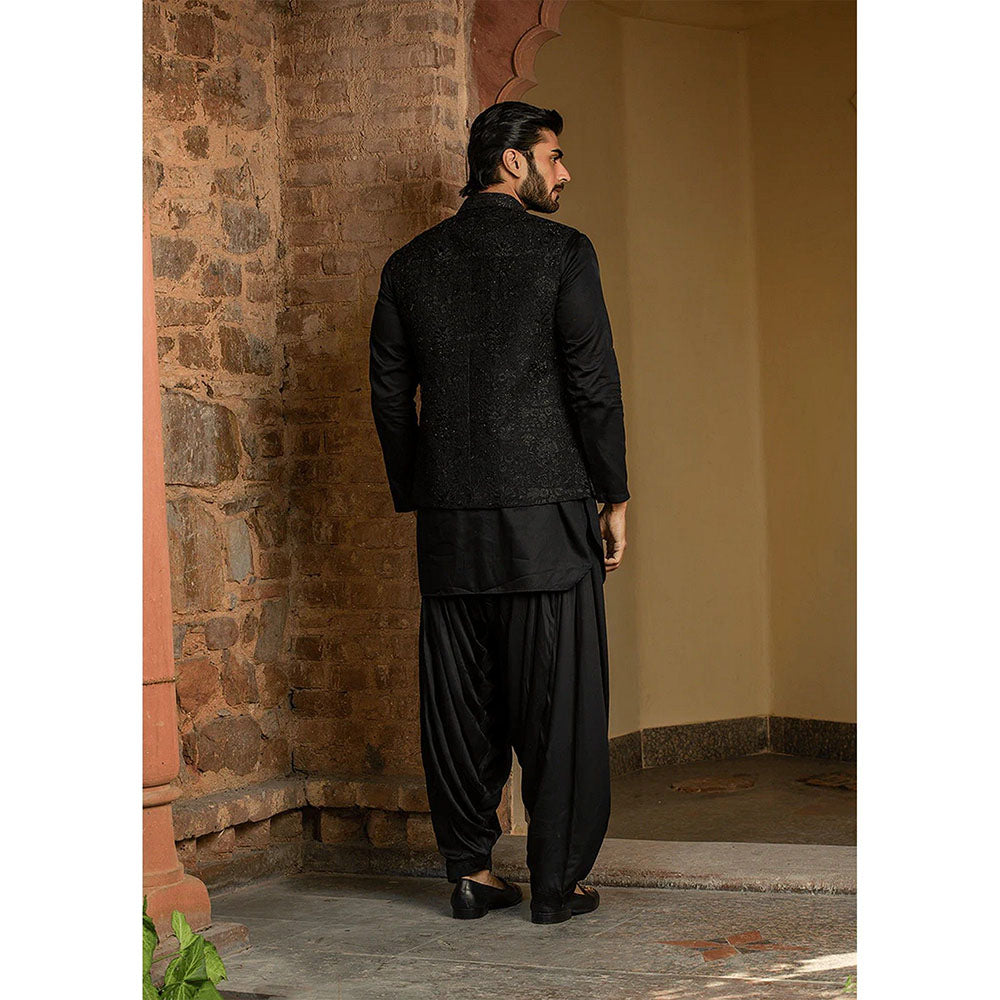 HISTORI Black Raw Silk All Over Embroidered Kurta with Jacket and Salwar