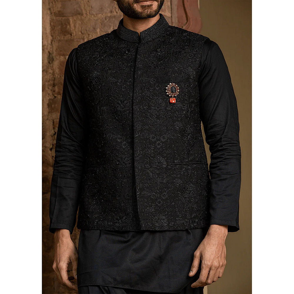 HISTORI Black Raw Silk All Over Embroidered Kurta with Jacket and Salwar