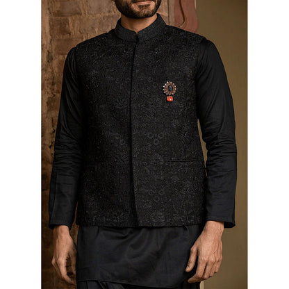 HISTORI Black Raw Silk All Over Embroidered Kurta with Jacket and Salwar