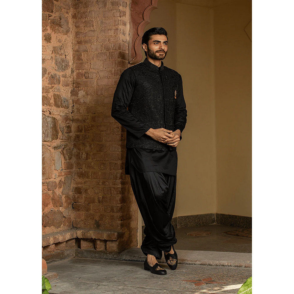 HISTORI Black Raw Silk All Over Embroidered Kurta with Jacket and Salwar