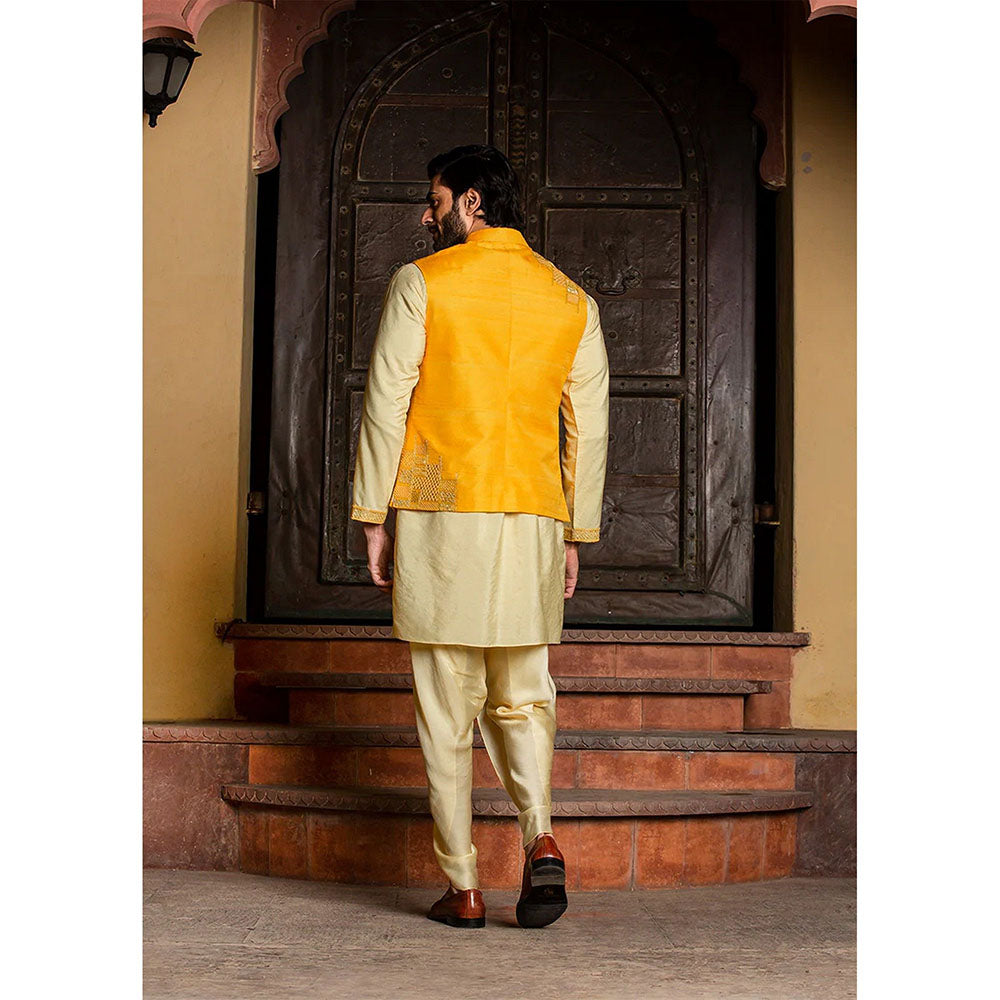 HISTORI Raw Silk Embroidered Jacket with Kurta and Dhoti