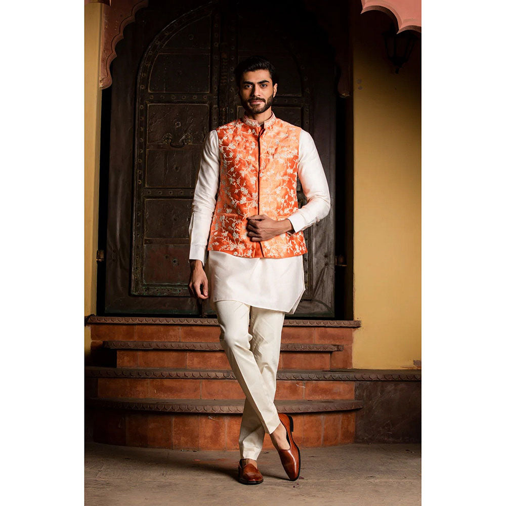HISTORI Orange Raw Silk Embroidered Nehru Jacket with Kurta and Pant