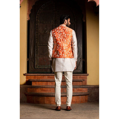 HISTORI Orange Raw Silk Embroidered Nehru Jacket with Kurta and Pant