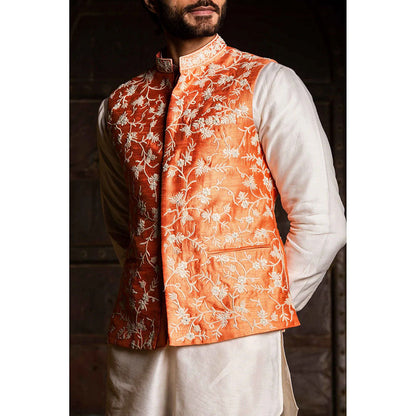HISTORI Orange Raw Silk Embroidered Nehru Jacket with Kurta and Pant