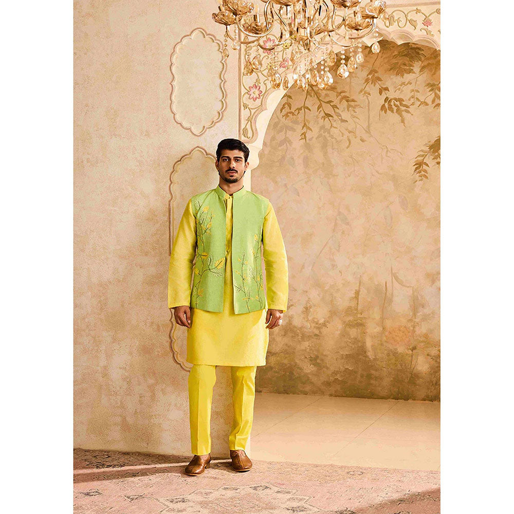 HISTORI Yellow Floral Kurta with Jacket and Pant