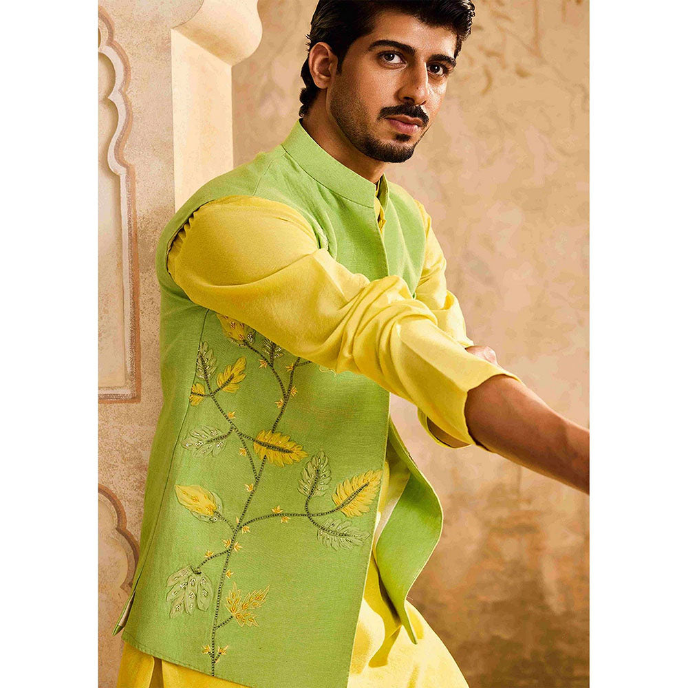 HISTORI Yellow Floral Kurta with Jacket and Pant