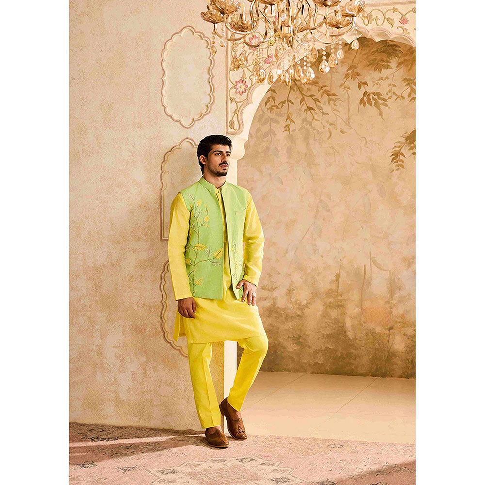 HISTORI Yellow Floral Kurta with Jacket and Pant