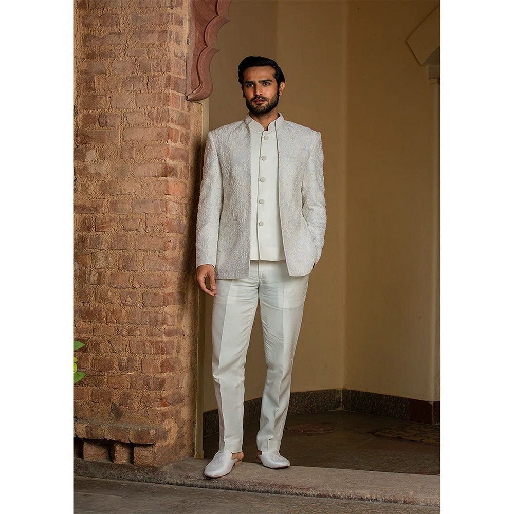 HISTORI Ivory Raw Silk Short Embroidered Jacket with Vest and Pant