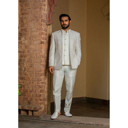 HISTORI Ivory Raw Silk Short Embroidered Jacket with Vest and Pant