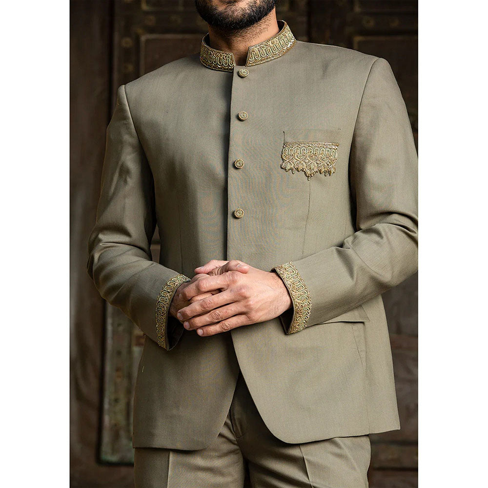 HISTORI Olive Jodhpuri Suit Zardozi Embroidered Jacket with Pant