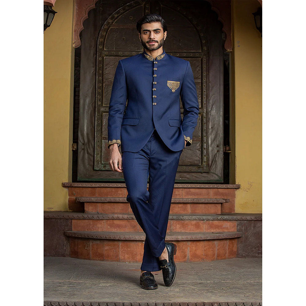 HISTORI Navy Blue Jodhpuri Suit Zardozi Embroidered Jacket with Pant