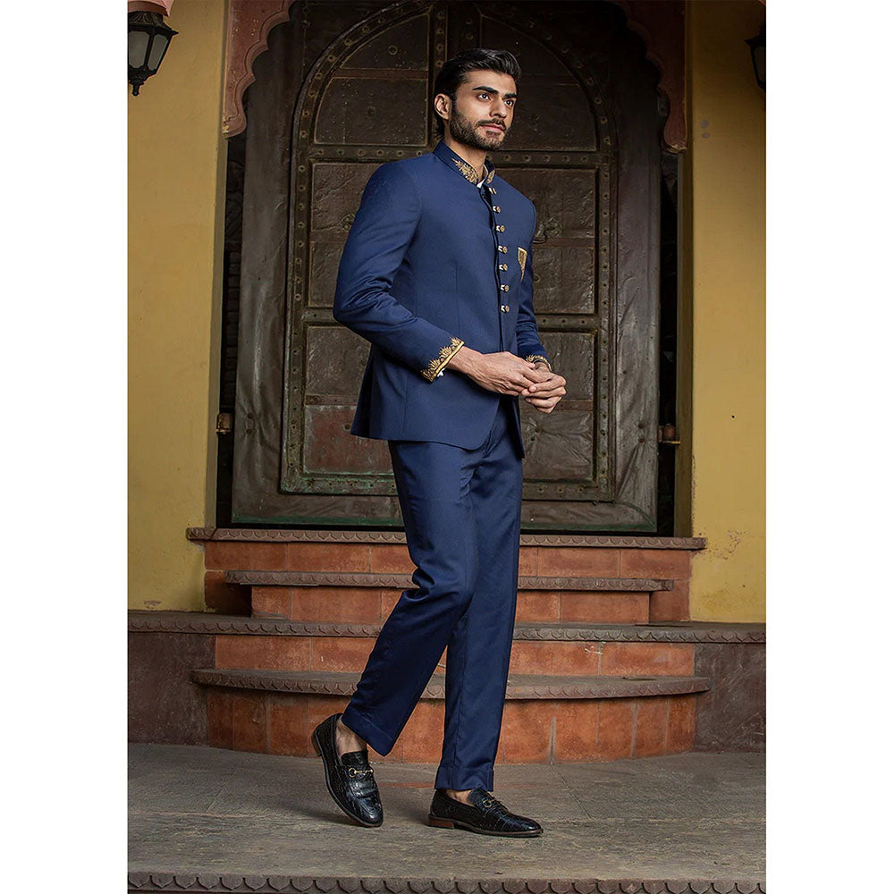 HISTORI Navy Blue Jodhpuri Suit Zardozi Embroidered Jacket with Pant