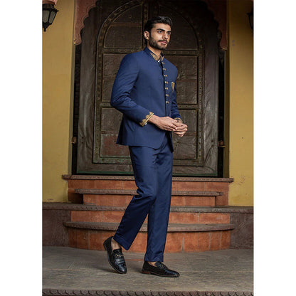 HISTORI Navy Blue Jodhpuri Suit Zardozi Embroidered Jacket with Pant