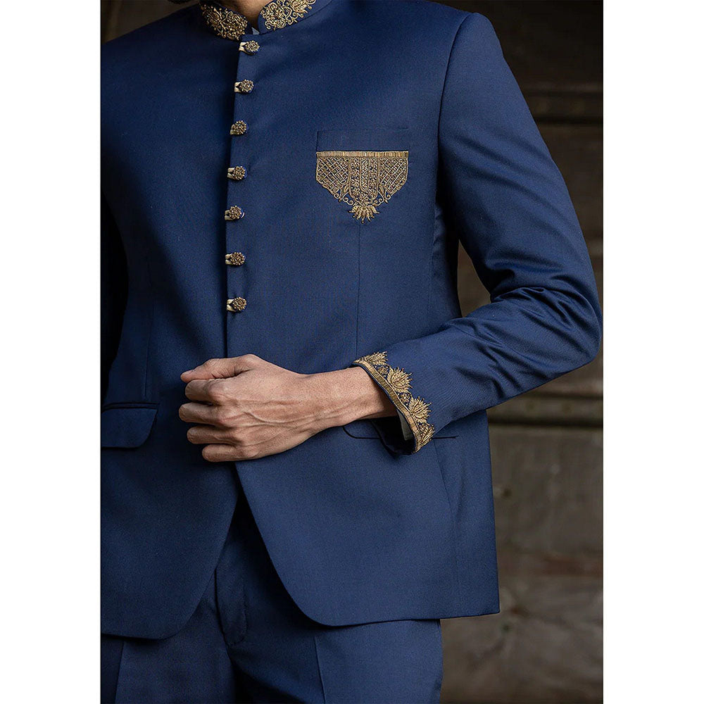 HISTORI Navy Blue Jodhpuri Suit Zardozi Embroidered Jacket with Pant