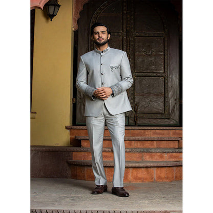 HISTORI Silver Grey Jodhpuri Suit Zardozi Embroidered Jacket with Pant