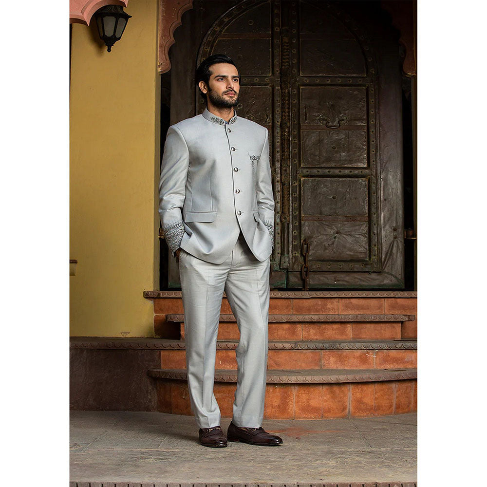 HISTORI Silver Grey Jodhpuri Suit Zardozi Embroidered Jacket with Pant