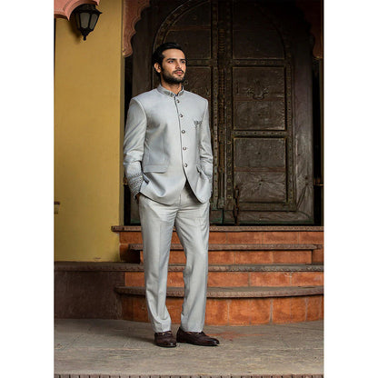 HISTORI Silver Grey Jodhpuri Suit Zardozi Embroidered Jacket with Pant