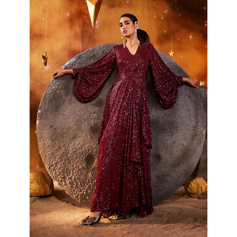 House of Fett Maroon Stellar Sequin Gown
