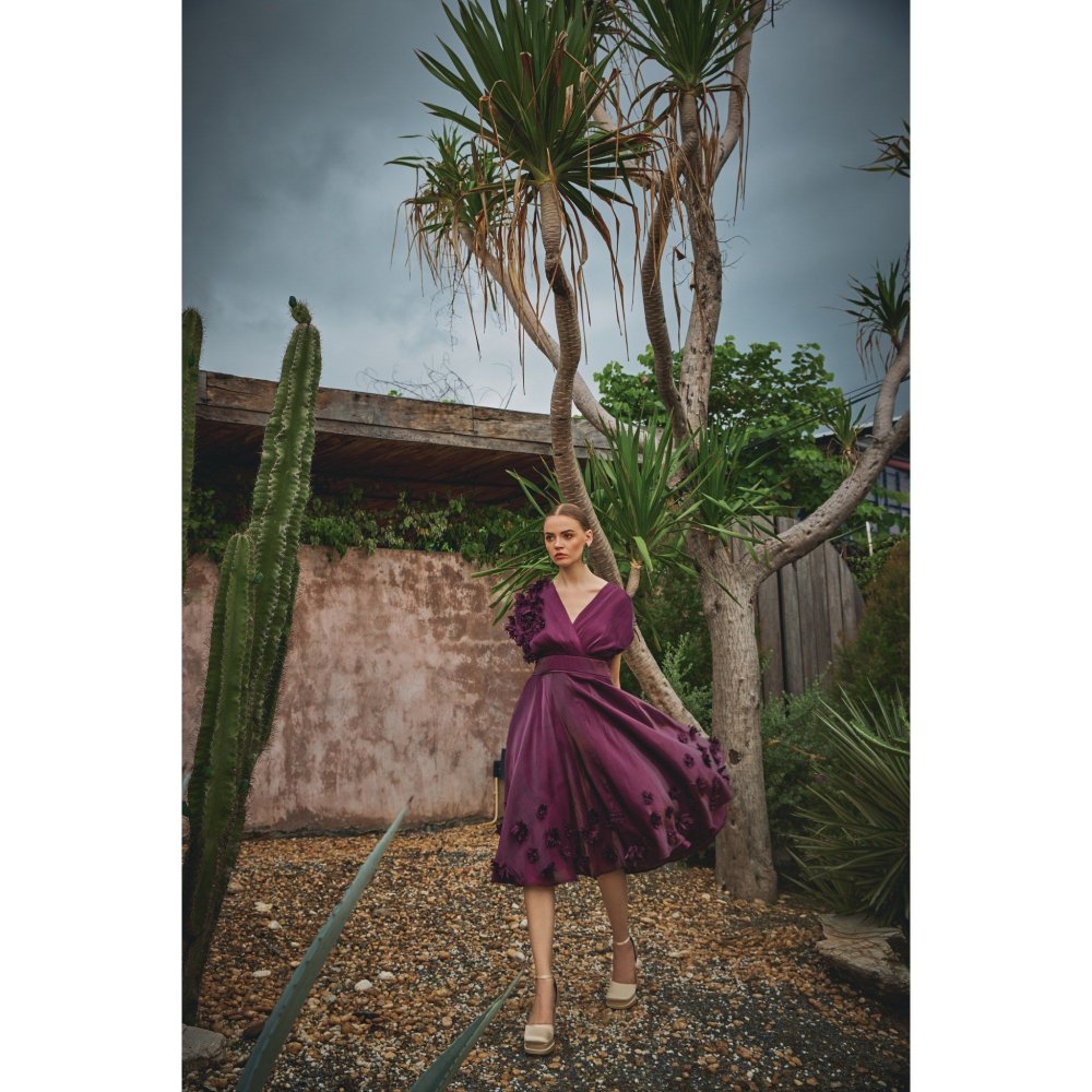 House of Fett Vanessa Organza Applique Floral Purple Dress