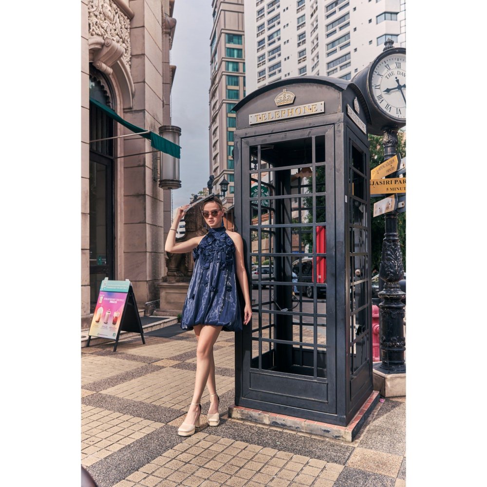 House of Fett Manhattan Organza Puff Navy Blue Dress With Surface 3D Flowers