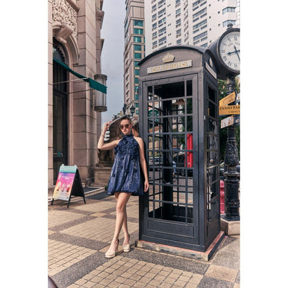 House of Fett Manhattan Organza Puff Navy Blue Dress With Surface 3D Flowers