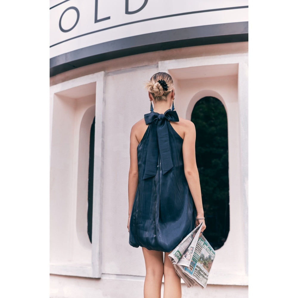 House of Fett Manhattan Organza Puff Navy Blue Dress With Surface 3D Flowers