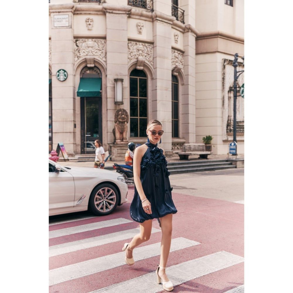 House of Fett Manhattan Organza Puff Navy Blue Dress With Surface 3D Flowers