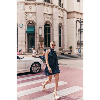 House of Fett Manhattan Organza Puff Navy Blue Dress With Surface 3D Flowers