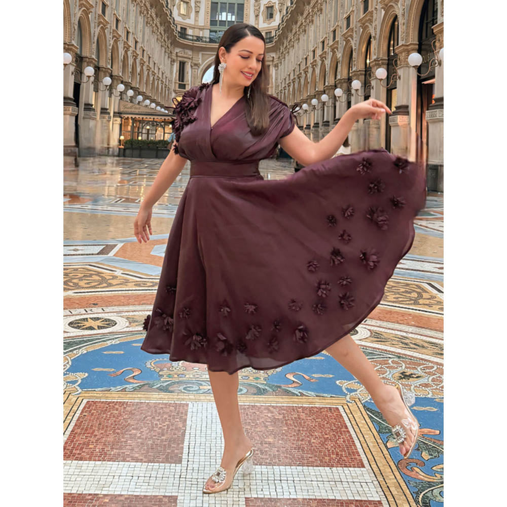 House of Fett Vanessa Organza Applique Floral Dress - Wine