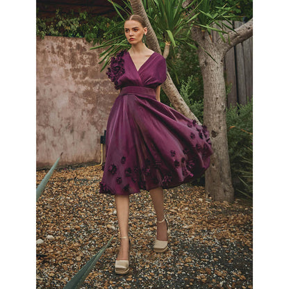 House of Fett Vanessa Organza Applique Floral Dress - Wine