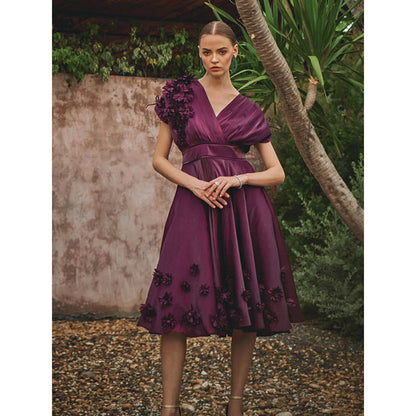 House of Fett Vanessa Organza Applique Floral Dress - Wine
