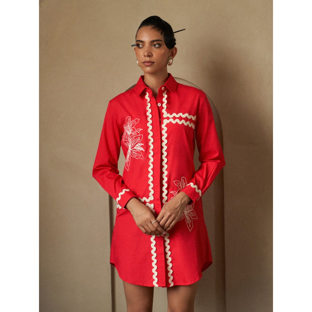 House of Fett Kiku Floral Embroidered Lace Shirt Dress