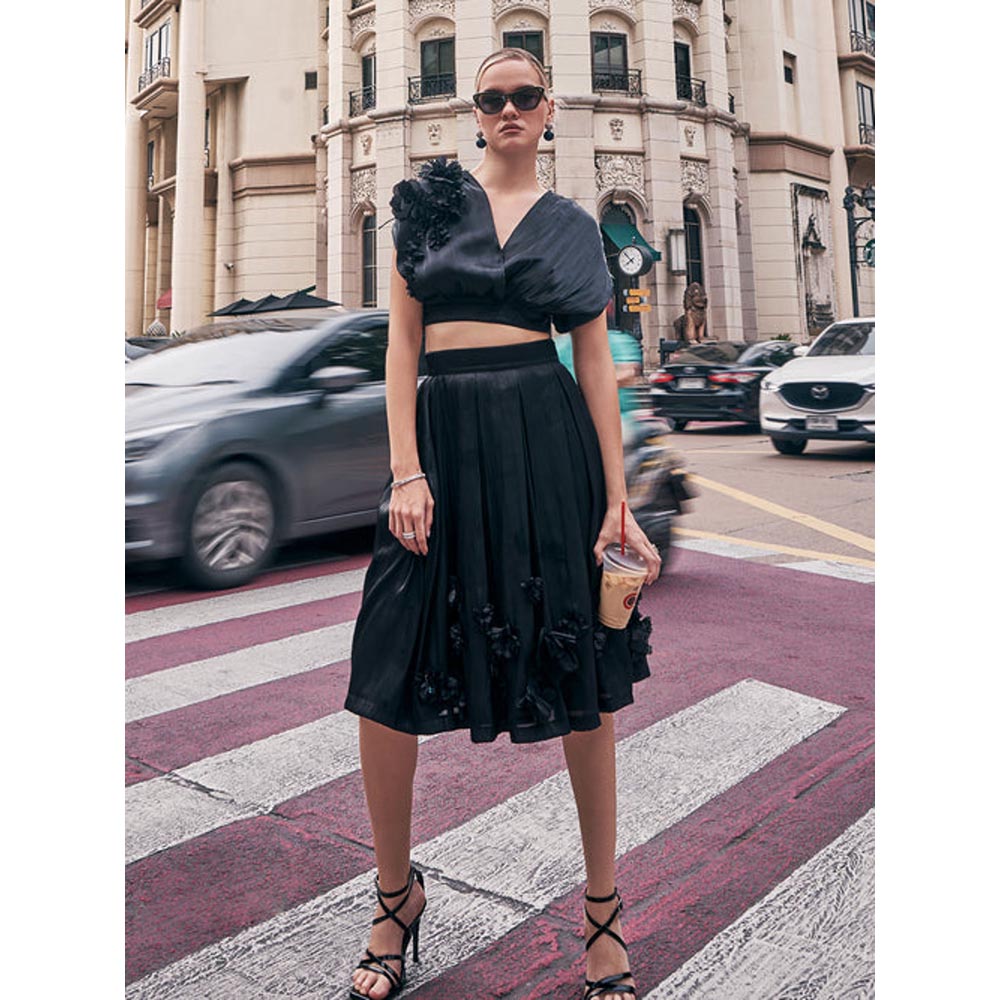 House of Fett Blake Organza Applique Floral Crop Top - Black