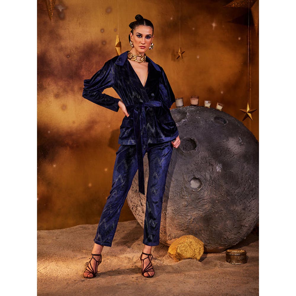 House of Fett Velvet Whisper Coat with Belt - Navy Blue