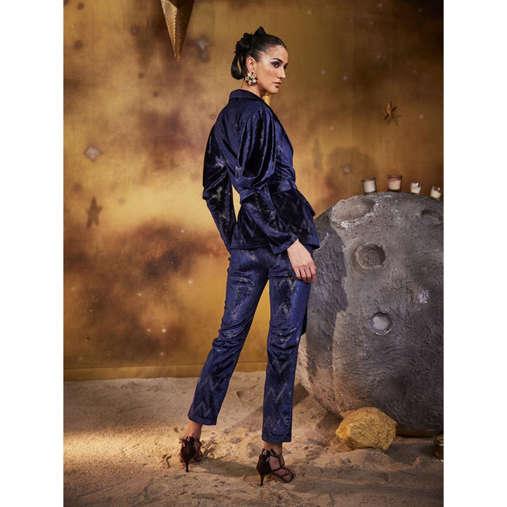 House of Fett Velvet Whisper Coat with Belt - Navy Blue