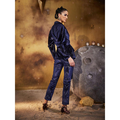 House of Fett Velvet Whisper Coat with Belt - Navy Blue