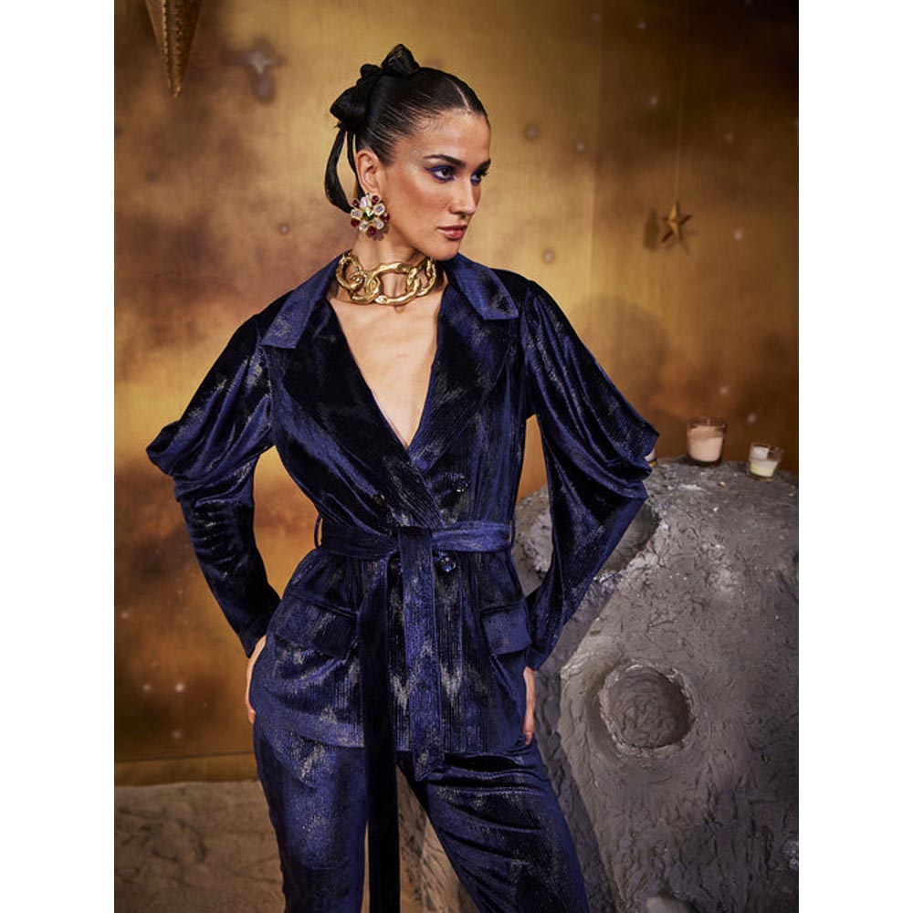 House of Fett Velvet Whisper Coat with Belt - Navy Blue