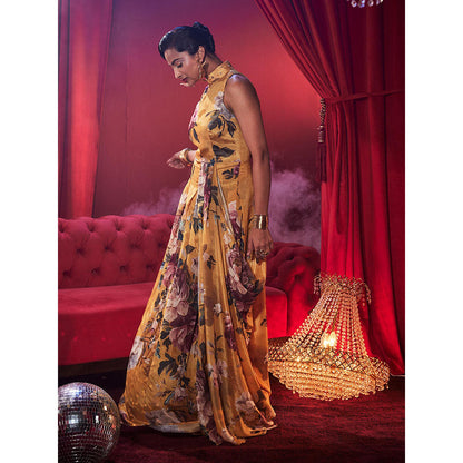 House of Fett Signora Floral Drape Dress - Yellow
