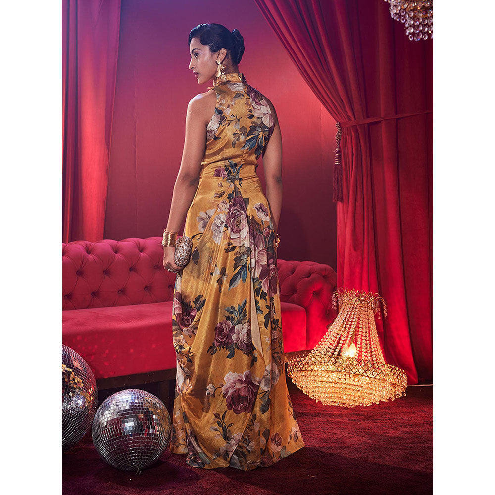 House of Fett Signora Floral Drape Dress - Yellow