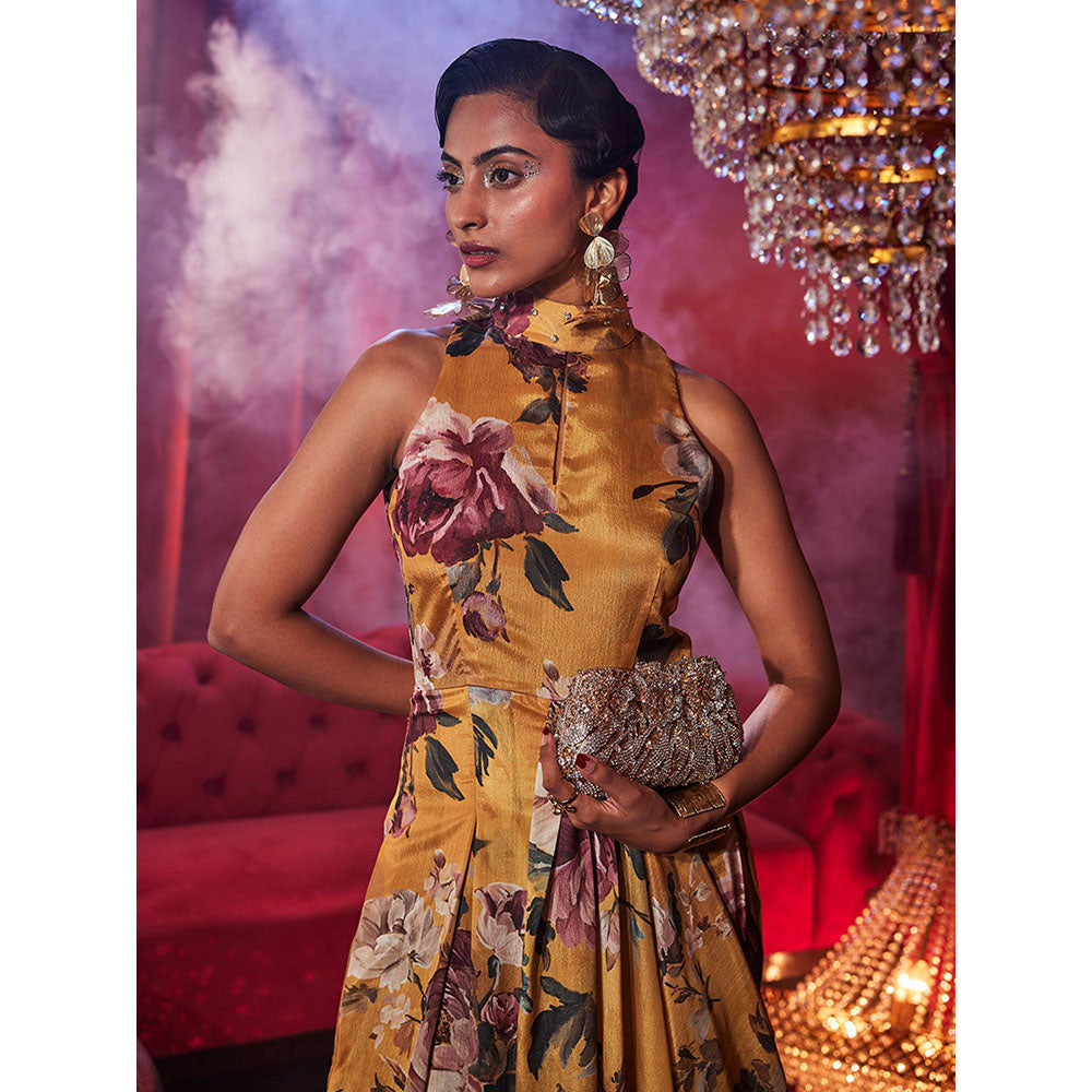 House of Fett Signora Floral Drape Dress - Yellow