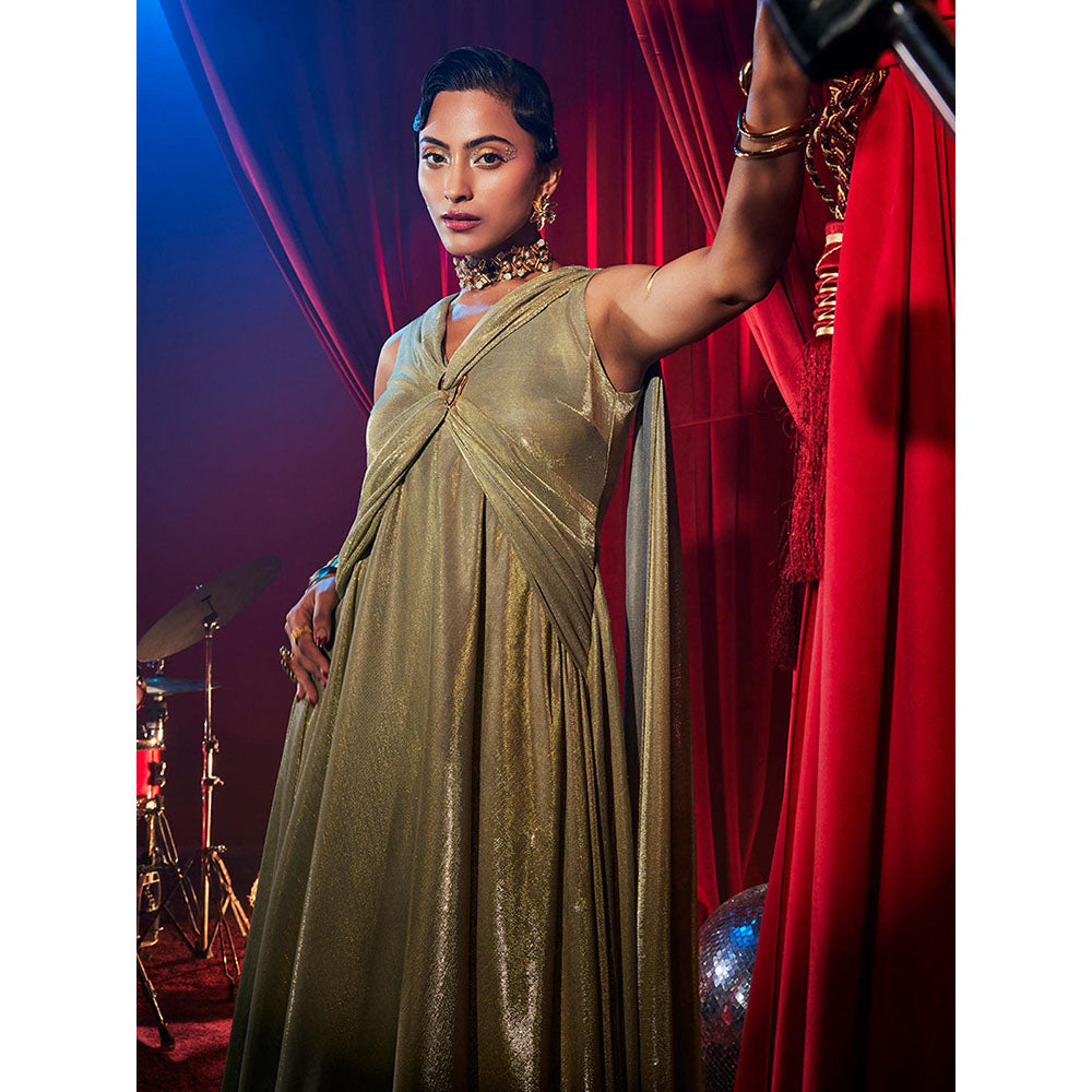 House of Fett Donatella Golden Glow Evening Gown - Green