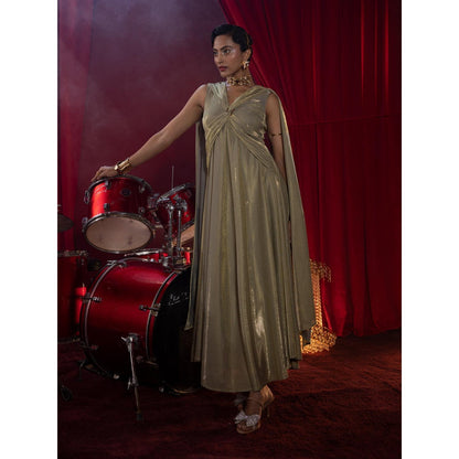 House of Fett Donatella Golden Glow Evening Gown - Green