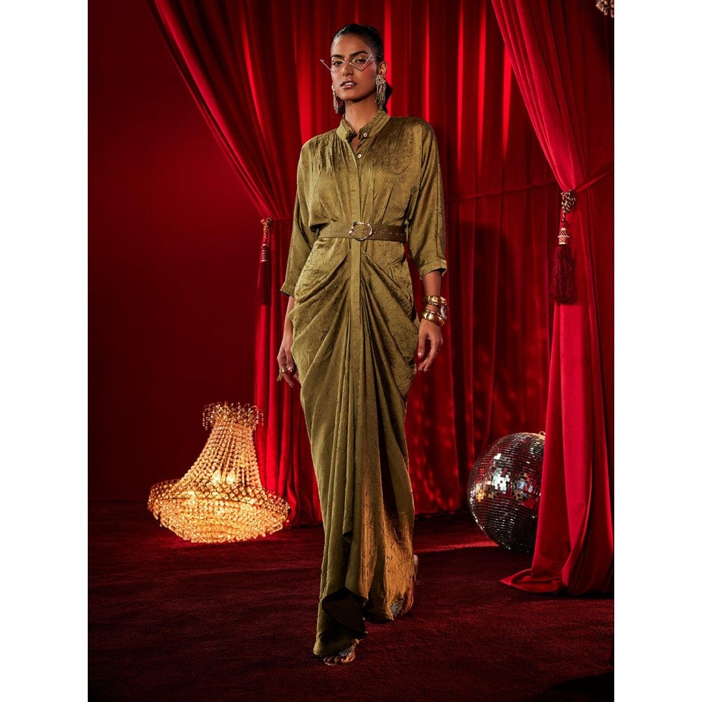 House of Fett Crush Satin Waldorf Gown with Belt - Olive