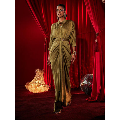 House of Fett Crush Satin Waldorf Gown with Belt - Olive