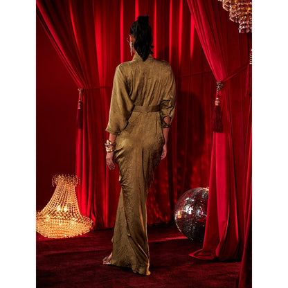 House of Fett Crush Satin Waldorf Gown with Belt - Olive